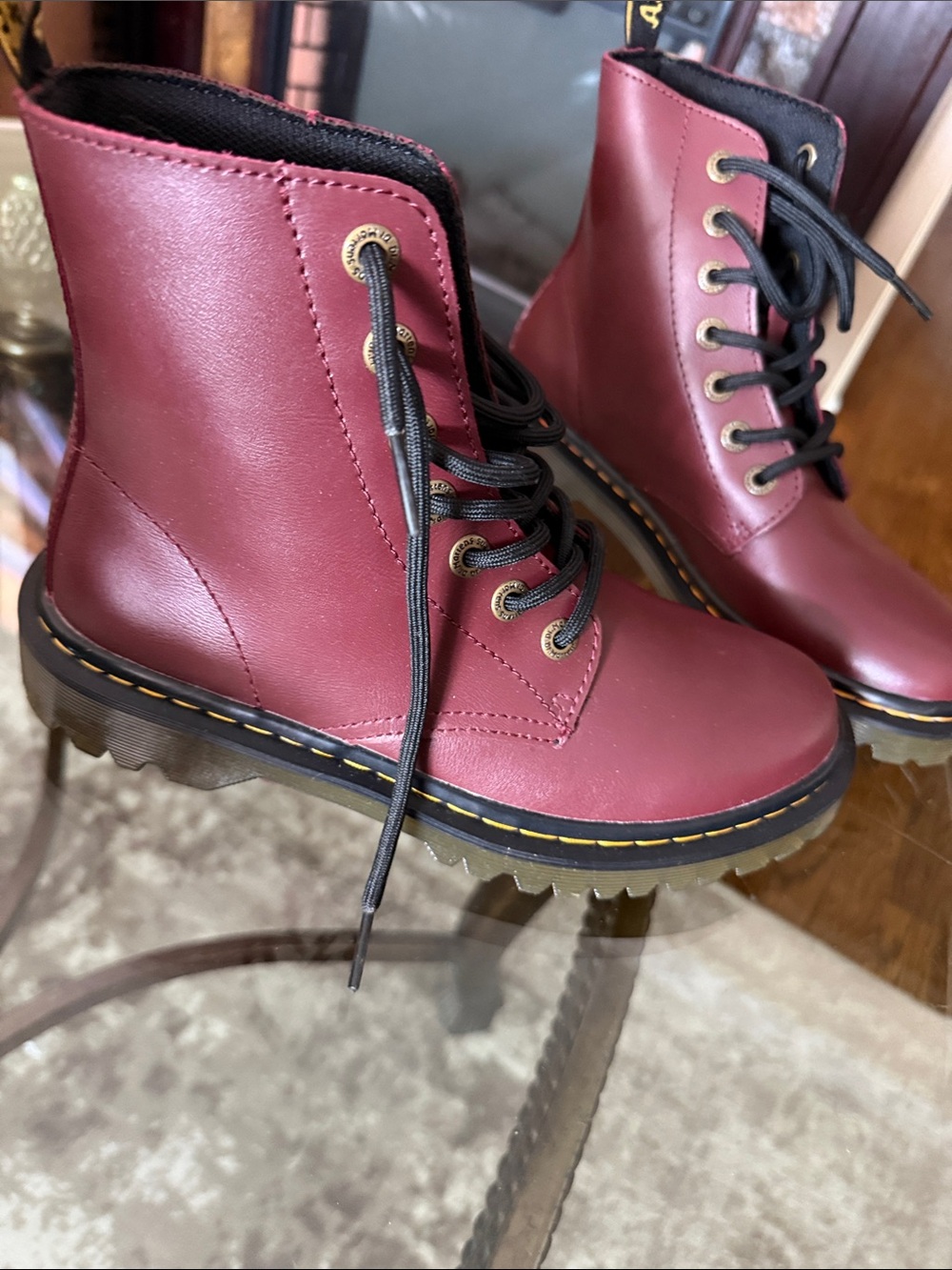 Dr. Martens Burgundy Lace-Up Combat Boots with Black Details - Picture 3 of 3